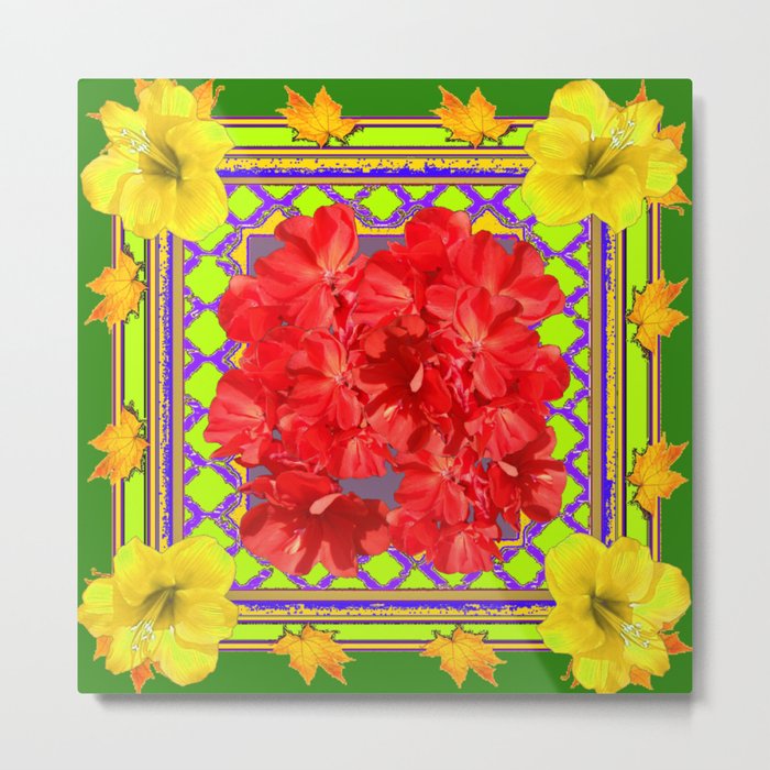 Reddish Flowers & Yellow Amaryllis Green Art Design Metal Print
