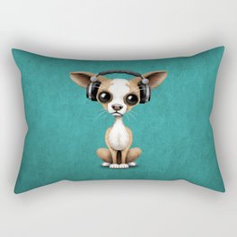 Cute Chihuahua Puppy Dog Wearing Headphones on Blue Rectangular Pillow