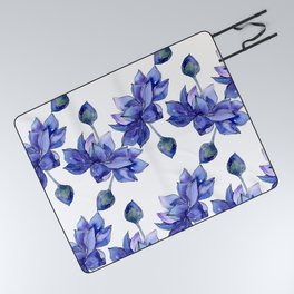 Blue on White Watercolor Lotus Flowers Pattern Picnic Blanket