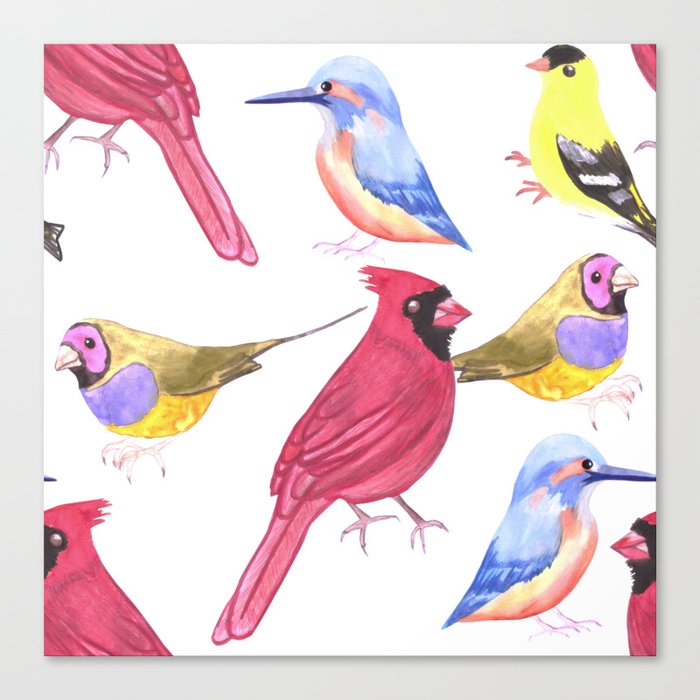 Watercolor Birds in triad color scheme- red, yellow, blue Canvas Print