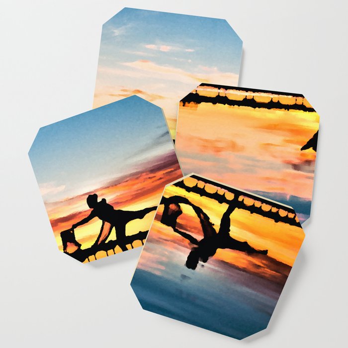 Dancer on Beach Reflection Sunset Digital Oil Painting Coaster