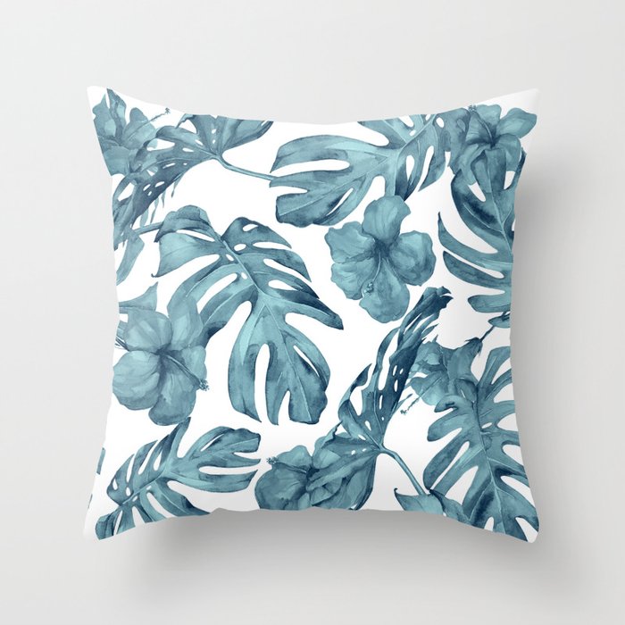 Teal Blue Tropical Palm Leaves Flowers Throw Pillow By