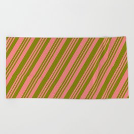 [ Thumbnail: Light Coral & Green Colored Striped/Lined Pattern Beach Towel ]