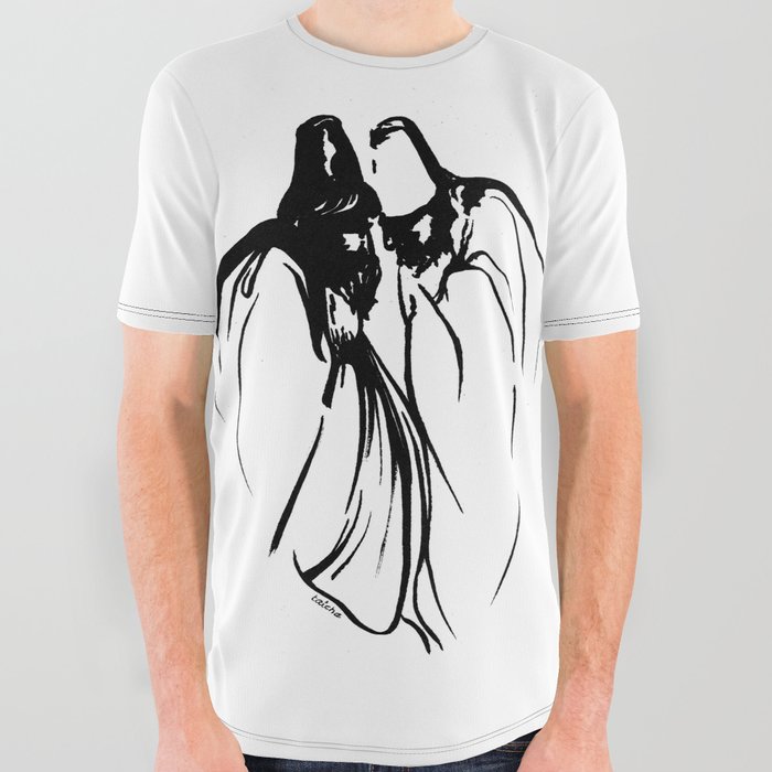 Dervish Whispers Minimalistic Line Drawing All Over Graphic Tee