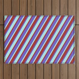 [ Thumbnail: Slate Blue, Turquoise, and Brown Colored Lines Pattern Outdoor Rug ]