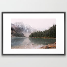 Snowy mountain, pine forest landscape, boreal forest, nature wall art Framed Art Print