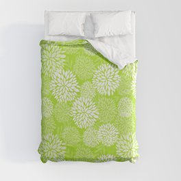 Lime Green Dahlia Floral Pattern, Flower Petal Design Pattern Lime Green White Duvet Cover