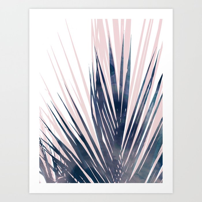 Contemporary Palm Leaf in Navy Blue and Blush Pink Art Print