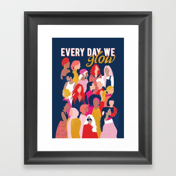 Every day we glow International Women's Day // midnight navy blue background pastel and fuchsia pink coral vivid red and gold humans  Framed Art Print