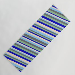 [ Thumbnail: Light Sky Blue, Dim Gray, Dark Sea Green, Blue & Bisque Colored Lined/Striped Pattern Yoga Mat ]