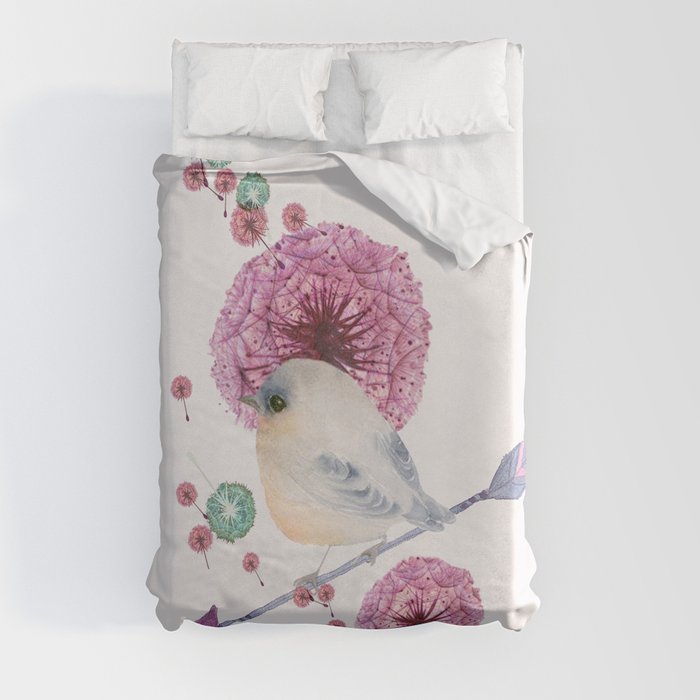 Cute Bird and Dandelion Duvet Cover