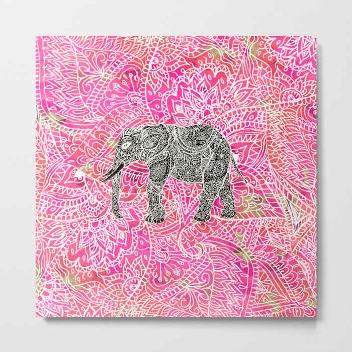 Pink Safari | Tribal Paisley Elephant Henna Pattern Metal Print