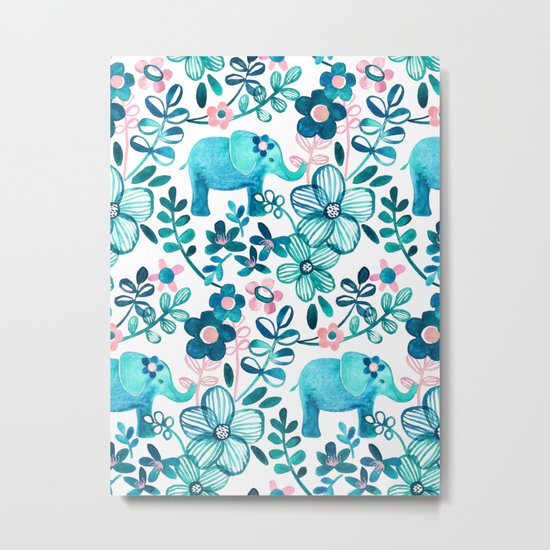 Dusty Pink, White and Teal Elephant and Floral Watercolor Pattern Metal Print
