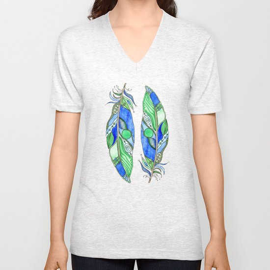 Bohemian Spirit Feathers - Blue & Green Unisex V-Neck
