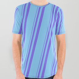 [ Thumbnail: Medium Slate Blue & Light Sky Blue Colored Stripes Pattern All Over Graphic Tee ]