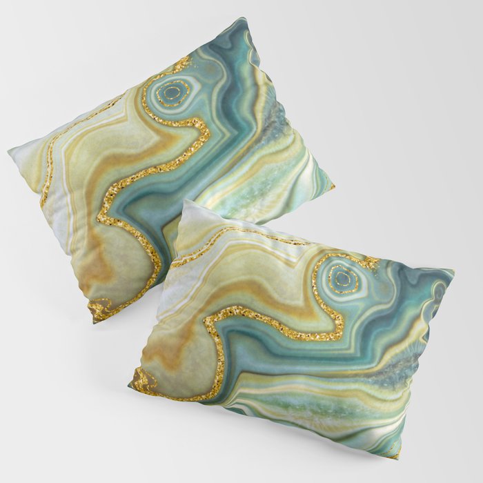 Verdant Green + Gold Abstract Geode Ripples Pillow Sham