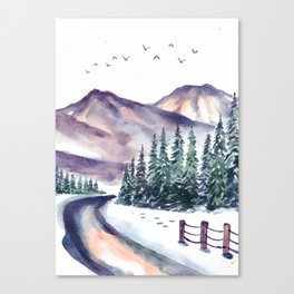 Winter Landscape With Mountain And Pine Trees Watercolor Canvas Print
