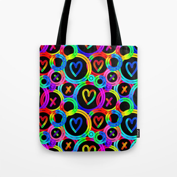 Funky neon rainbow gradient circles pattern with hearts and x shapes Tote Bag