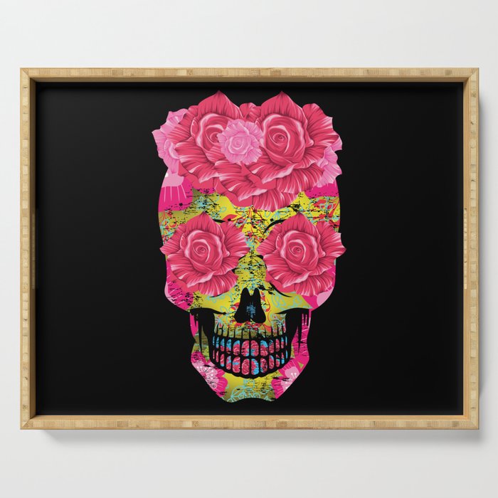 Floral Sugar Skull Muertos Day Of Dead Halloween Serving Tray