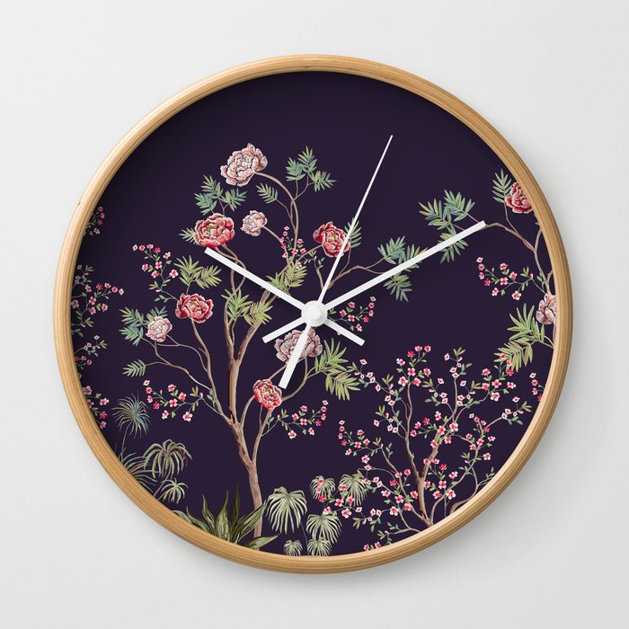 Beautiful exotic chinoiserie wallpaper. Hand drawn vintage chinese rose trees, palms, flowers, sakura Floral seamless border blue background.  Wall Clock