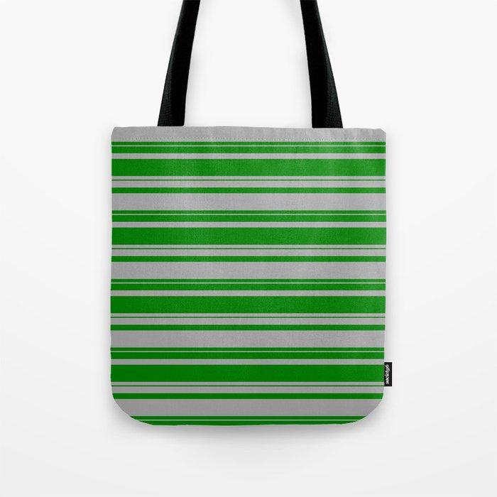 Dark Gray and Green Colored Striped Pattern Tote Bag