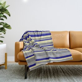 [ Thumbnail: Dark Gray, Blue, Pale Goldenrod, and Gray Colored Striped Pattern Throw Blanket ]
