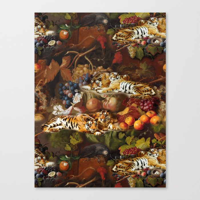 Tigers & Fruit Abundance - Antique Vintage Paintings Collage Canvas Print