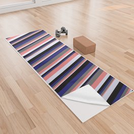 [ Thumbnail: Eye-catching Lavender, Light Coral, Dim Gray, Midnight Blue & Black Colored Striped/Lined Pattern Yoga Towel ]