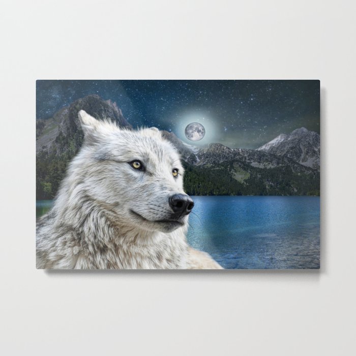 White Wolf and Moonlight Metal Print