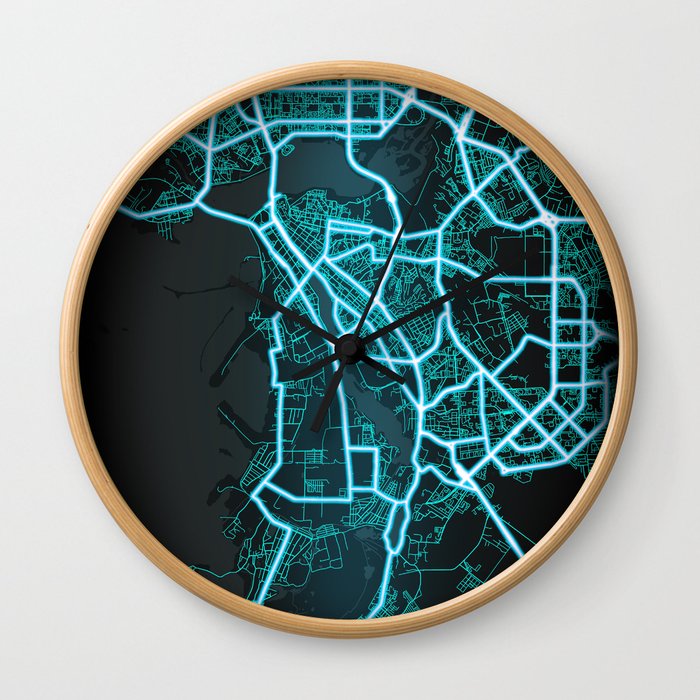 Kazan, Russia, Blue, White, Neon, Glow, City, Map Wall Clock