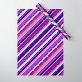 [ Thumbnail: Eye-catching Purple, Dark Orchid, Blue, Hot Pink & Light Grey Colored Lined Pattern Wrapping Paper ]