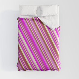 [ Thumbnail: Sienna, Violet, Fuchsia, and Light Yellow Colored Lines/Stripes Pattern Duvet Cover ]