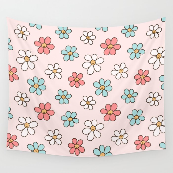 Happy Daisy Pattern, Cute and Fun Smiling Colorful Daisies Wall Tapestry
