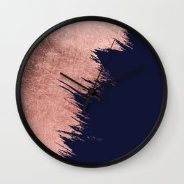 Navy blue abstract faux rose gold brushstrokes Wall Clock
