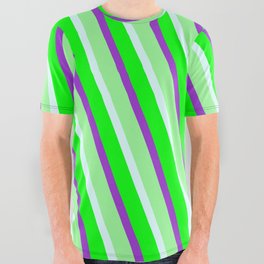 [ Thumbnail: Dark Orchid, Green, Light Cyan & Lime Colored Lined Pattern All Over Graphic Tee ]