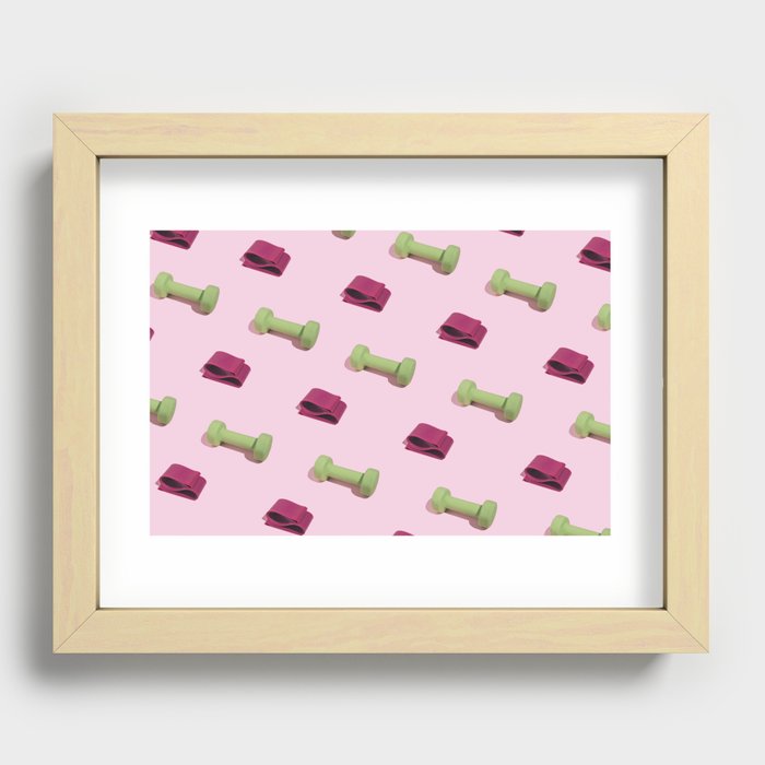 Pastel pink fitness pattern with dumbbels Recessed Framed Print