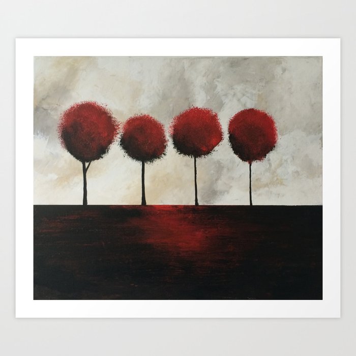 Unless Someone Like You Cares An Awful Lot Art Print | Painting, Acrylic, Oil, Abstract, Surrealism, Impressionism, Trees, Red, Surreal, Magic