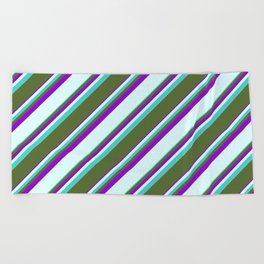 [ Thumbnail: Turquoise, Dark Olive Green, Dark Violet & Light Cyan Colored Striped/Lined Pattern Beach Towel ]