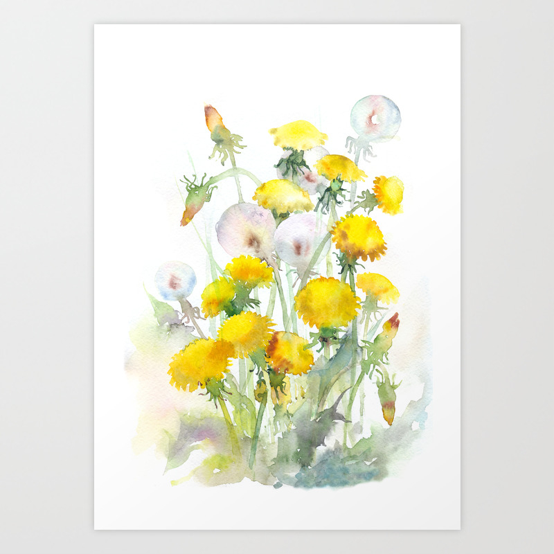 Watercolor yellow flowers dandelions Art Print by maryami | Society6
