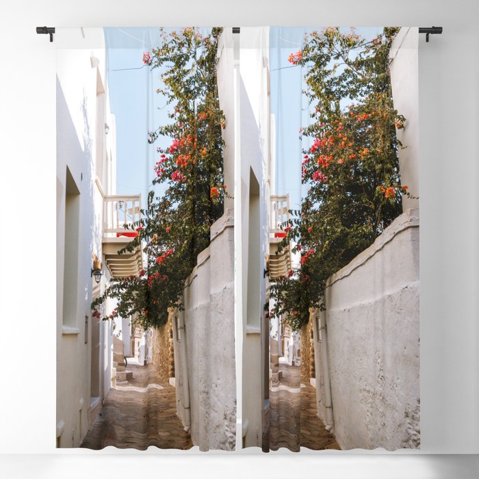 Small Greek Street | Flower Filled Mediterranean Ally | Travel Photography on the Islands of Greece Blackout Curtain