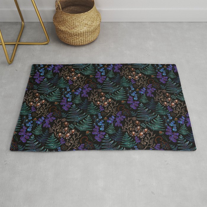 Moody Florals with Fern Leaves Black Rug