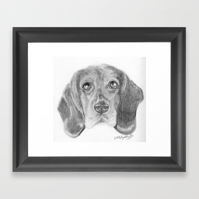 Beagle Dog Face Realistic Pencil Sketch Drawing Framed Art Print