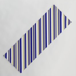 [ Thumbnail: Vibrant Dark Slate Blue, Dark Gray, Dark Blue, White, and Pale Goldenrod Colored Striped Pattern Yoga Mat ]