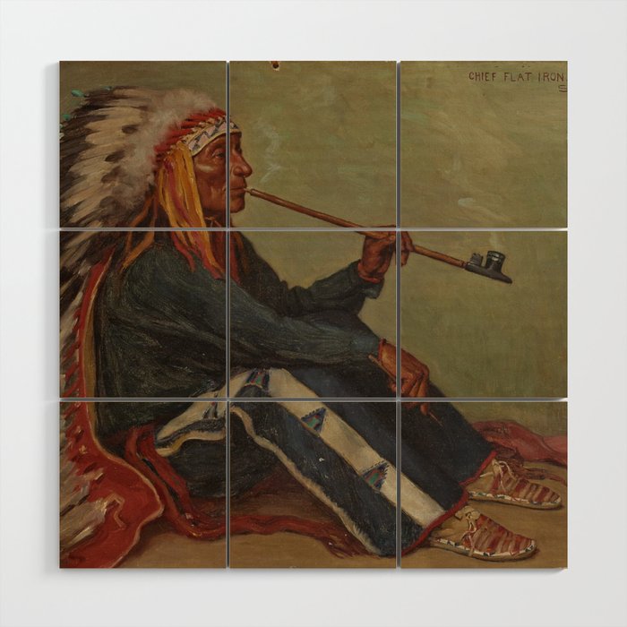 Full portrait of Chief Flat Iron smoking peace pipe Sioux First Nations American Indian portrait painting by Joseph Henry Sharp Wood Wall Art