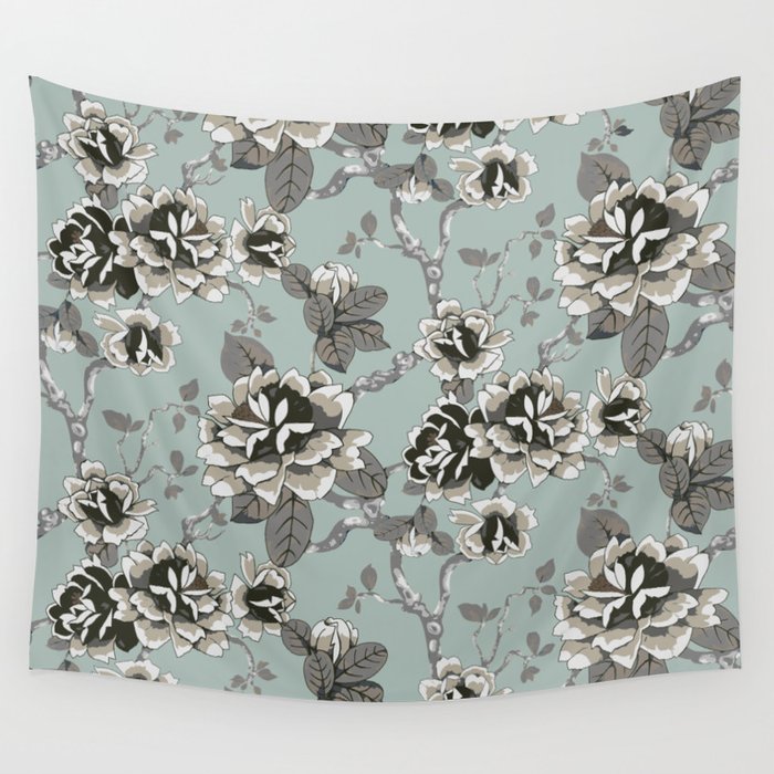 Spring Flowers Pattern Brown on Mint Pastel Blue Wall Tapestry