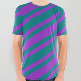 [ Thumbnail: Dark Orchid & Teal Colored Stripes/Lines Pattern All Over Graphic Tee ]