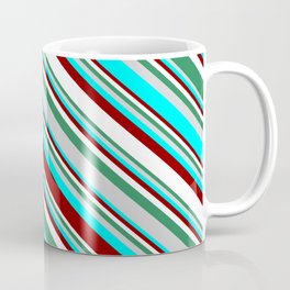[ Thumbnail: Eyecatching Sea Green, Light Grey, Cyan, Dark Red, and White Colored Lines Pattern Coffee Mug ]