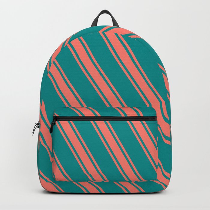 Dark Cyan & Salmon Colored Stripes Pattern Backpack