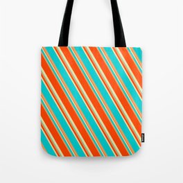 [ Thumbnail: Pale Goldenrod, Dark Turquoise, Brown, and Red Colored Lines/Stripes Pattern Tote Bag ]