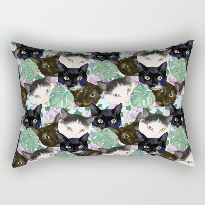 Cat Faces, Magnolia Flowers and Monstera Leaves Rectangular Pillow